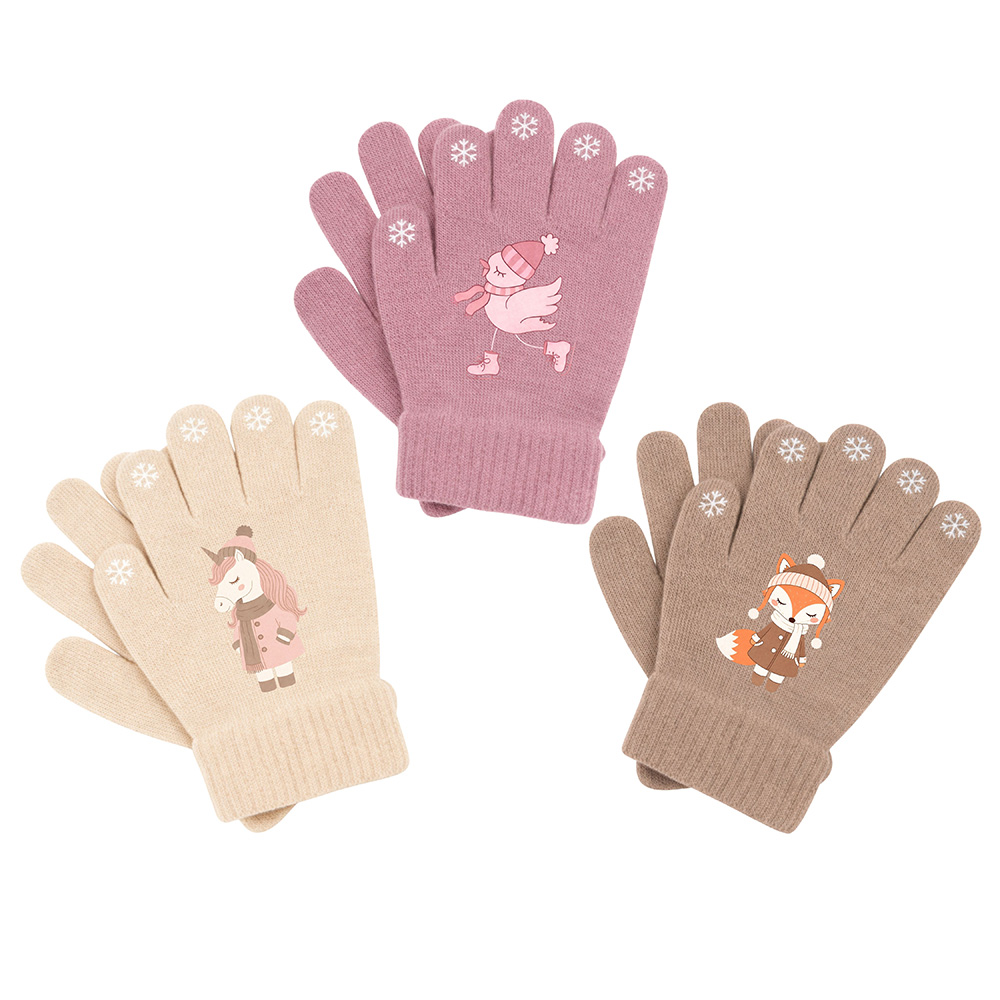 Image Gants pour filles - 3 modèles assortis : licorne, oiseau, renard - Taille unique